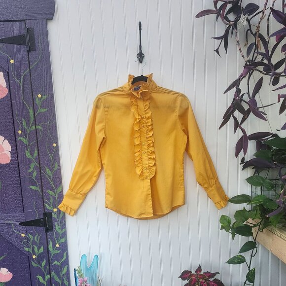 Vintage 1970's Bobbie Brook's Marigold Yellow Ruffle Bib Front Blouse - Picture 1 of 14